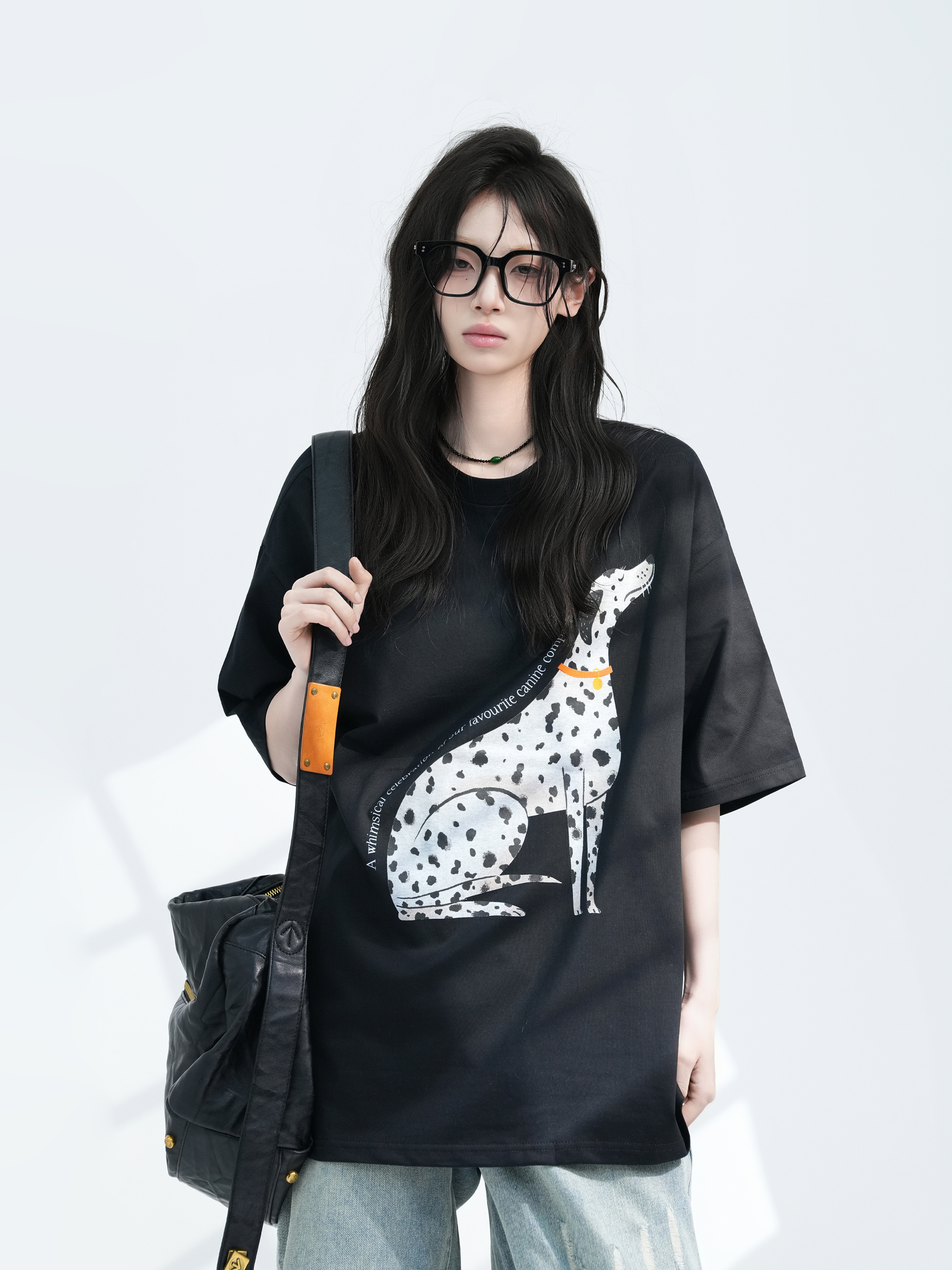 American Retro Spotted Dog Short Sleeve T-Shirt for Women - Loose Fit Heavyweight Summer Tee, Casual 90s Style Top