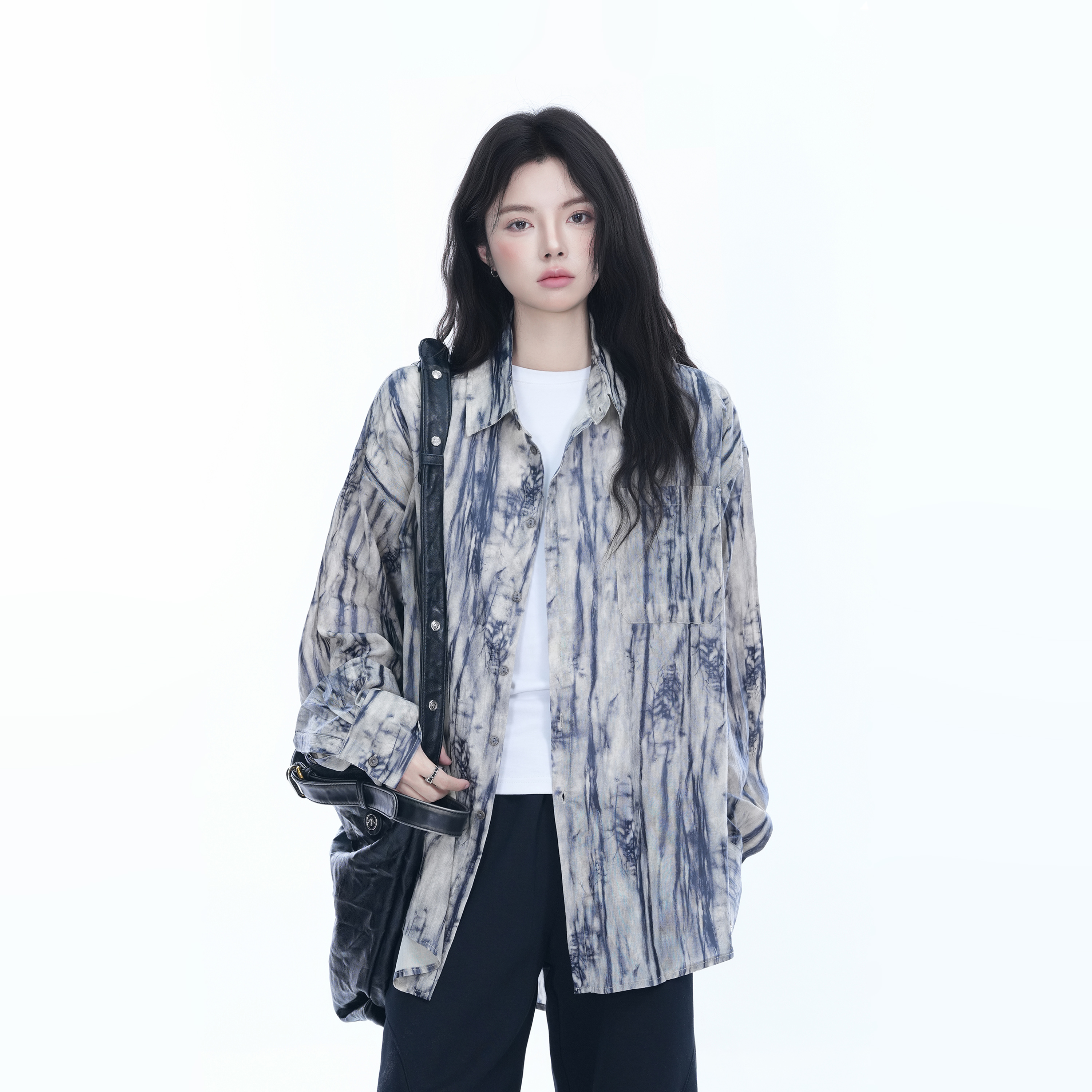 American Retro Tie-Dye Long Sleeve Shirt for Women - Summer Loose Lightweight Water Wave Pattern Sun Protection Top