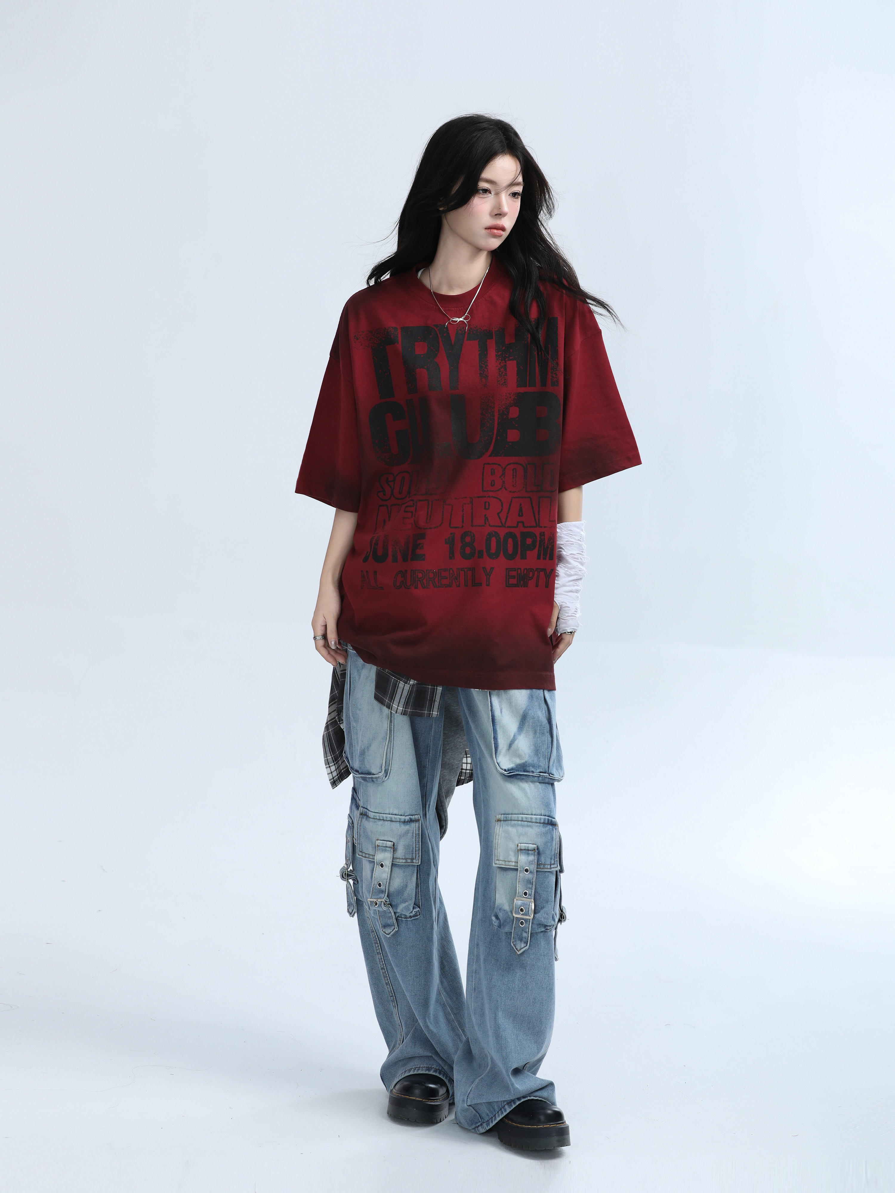 American Retro Tie-Dye Red Short Sleeve T-Shirt for Women - Heavy-Duty Loose Fit Summer Tee with Mountain Graphic Design