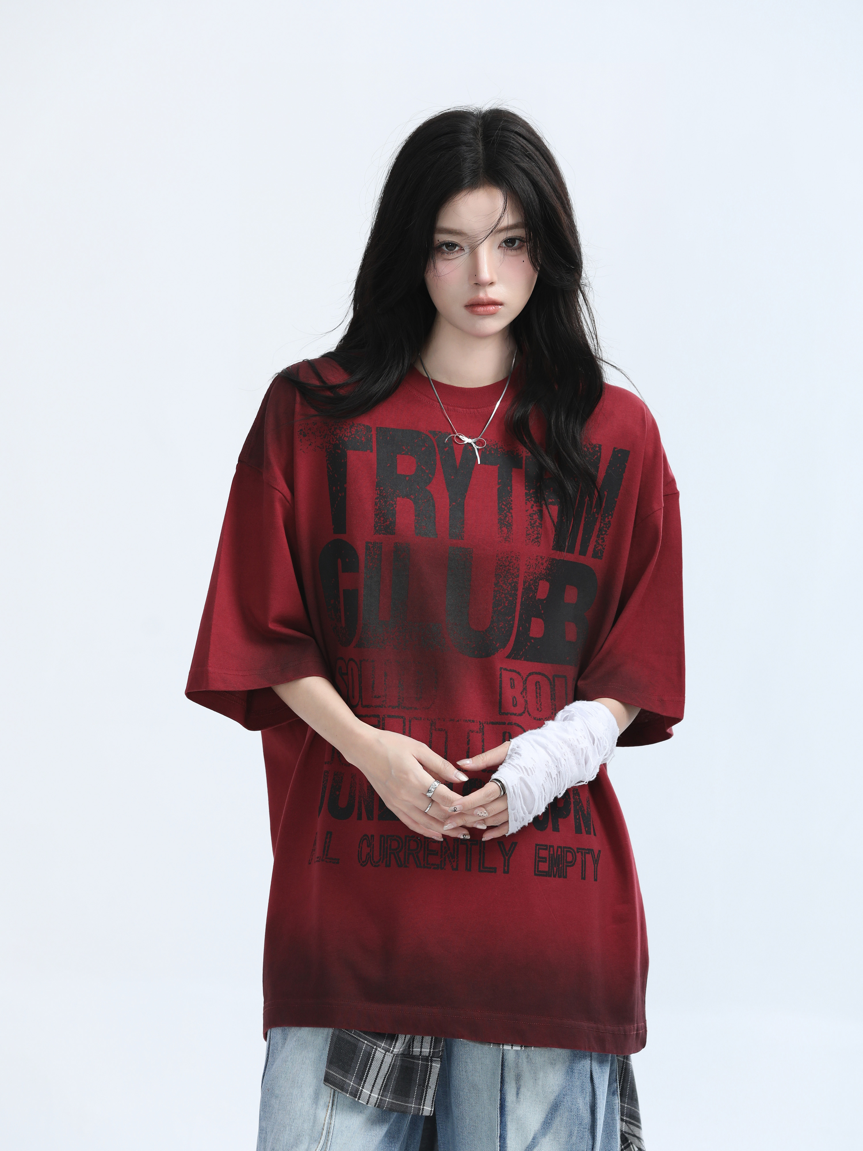 American Retro Tie-Dye Red Short Sleeve T-Shirt for Women - Heavy-Duty Loose Fit Summer Tee with Mountain Graphic Design
