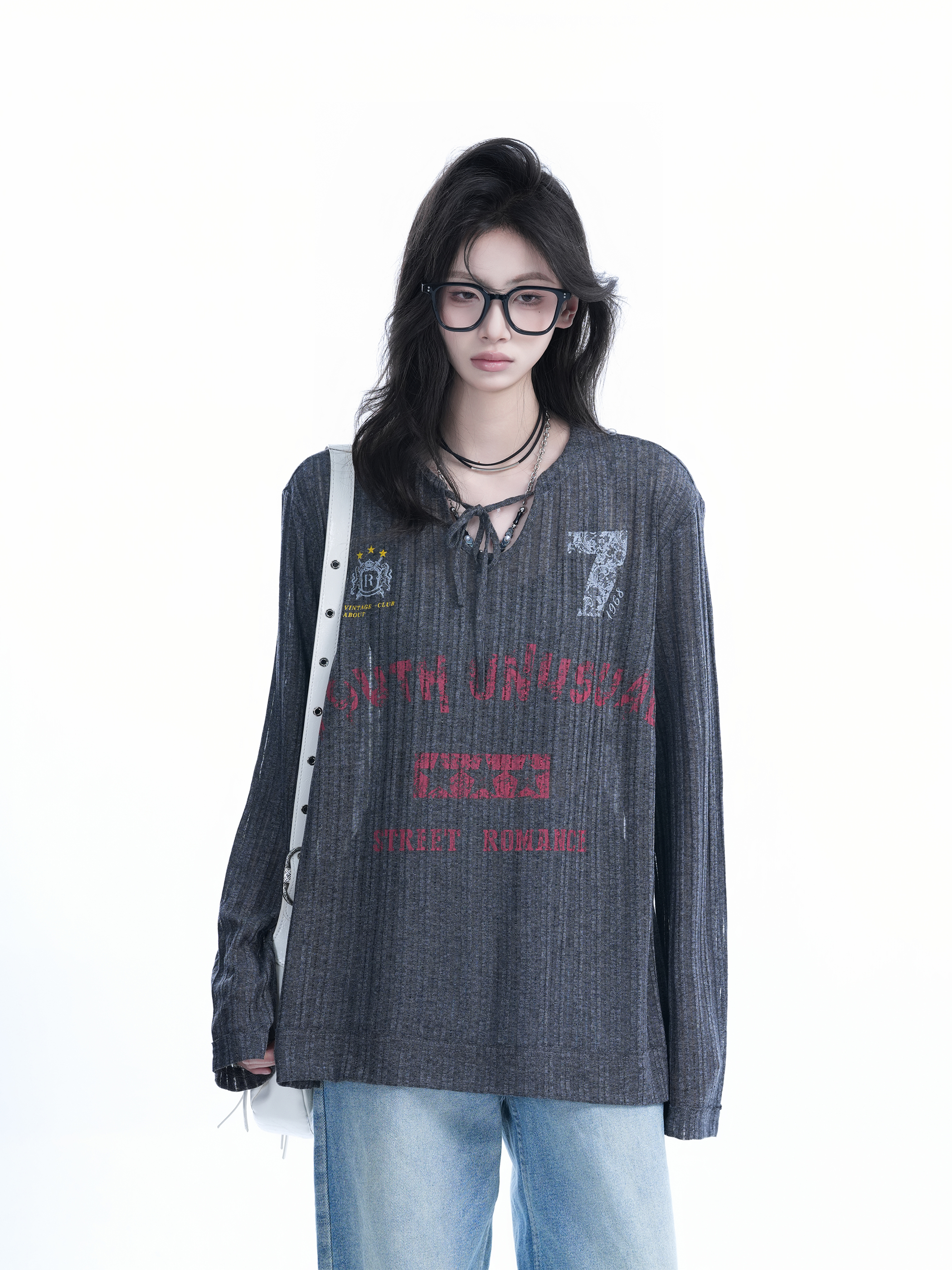 American Retro U-Neck Tie Long Sleeve T-Shirt for Women, Slightly Sheer Loose Fit, Vintage-Inspired Cover-Up Top