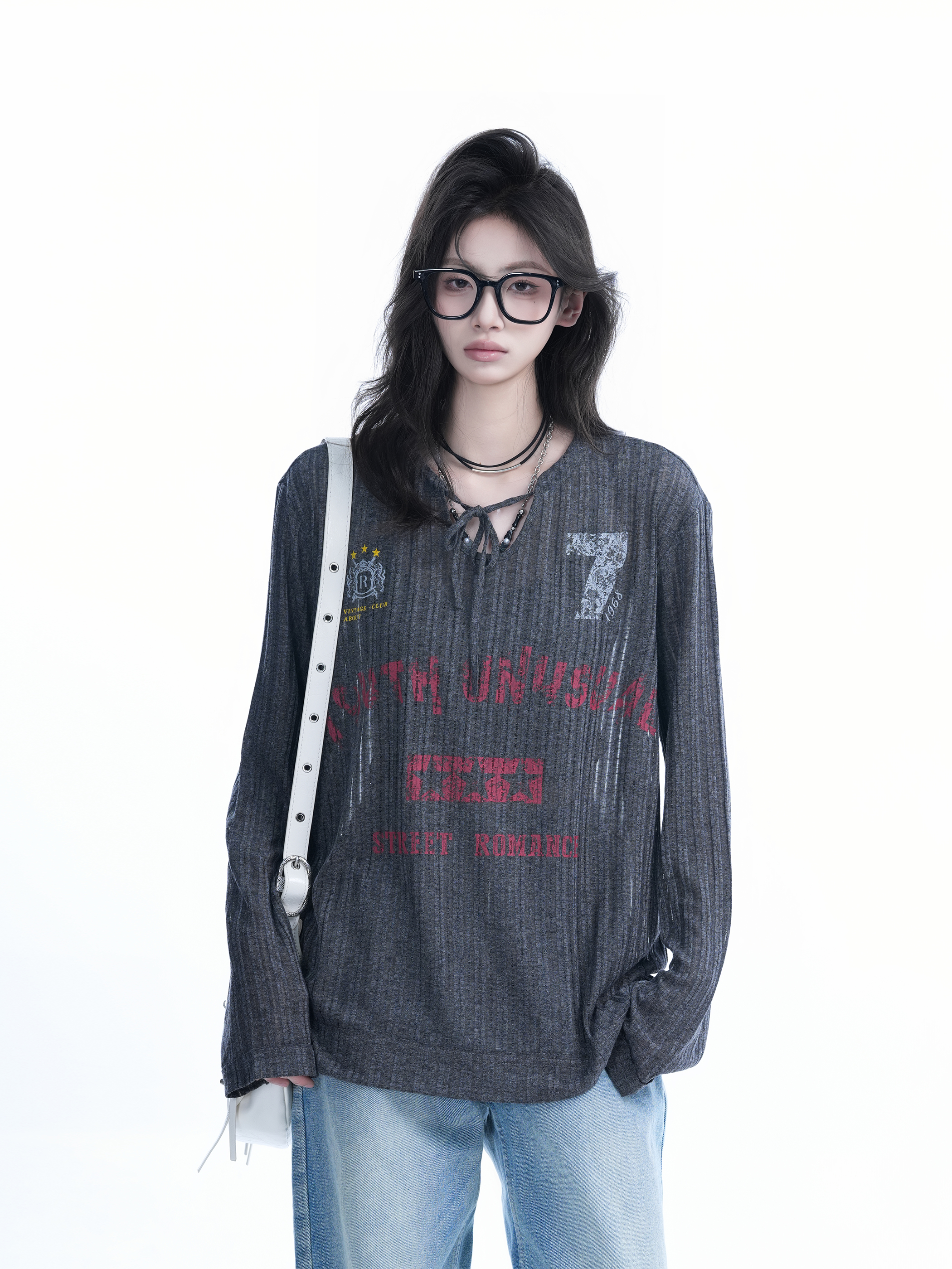 American Retro U-Neck Tie Long Sleeve T-Shirt for Women, Slightly Sheer Loose Fit, Vintage-Inspired Cover-Up Top