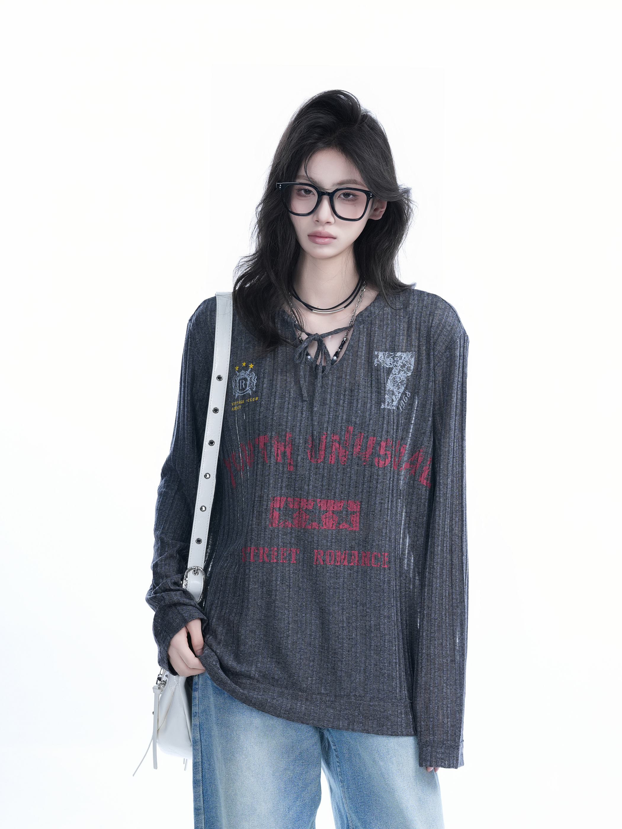American Retro U-Neck Tie Long Sleeve T-Shirt for Women, Slightly Sheer Loose Fit, Vintage-Inspired Cover-Up Top