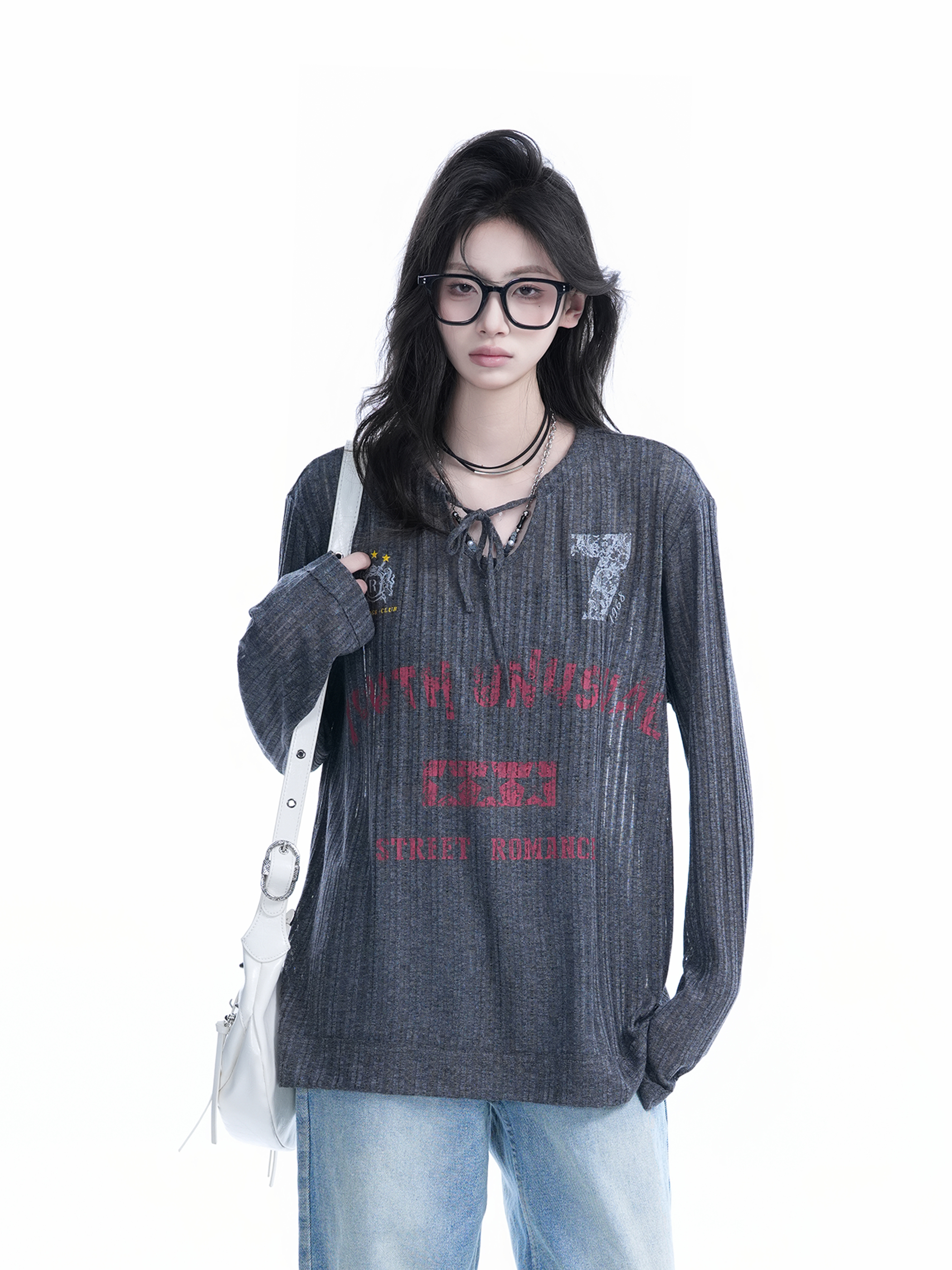 American Retro U-Neck Tie Long Sleeve T-Shirt for Women, Slightly Sheer Loose Fit, Vintage-Inspired Cover-Up Top