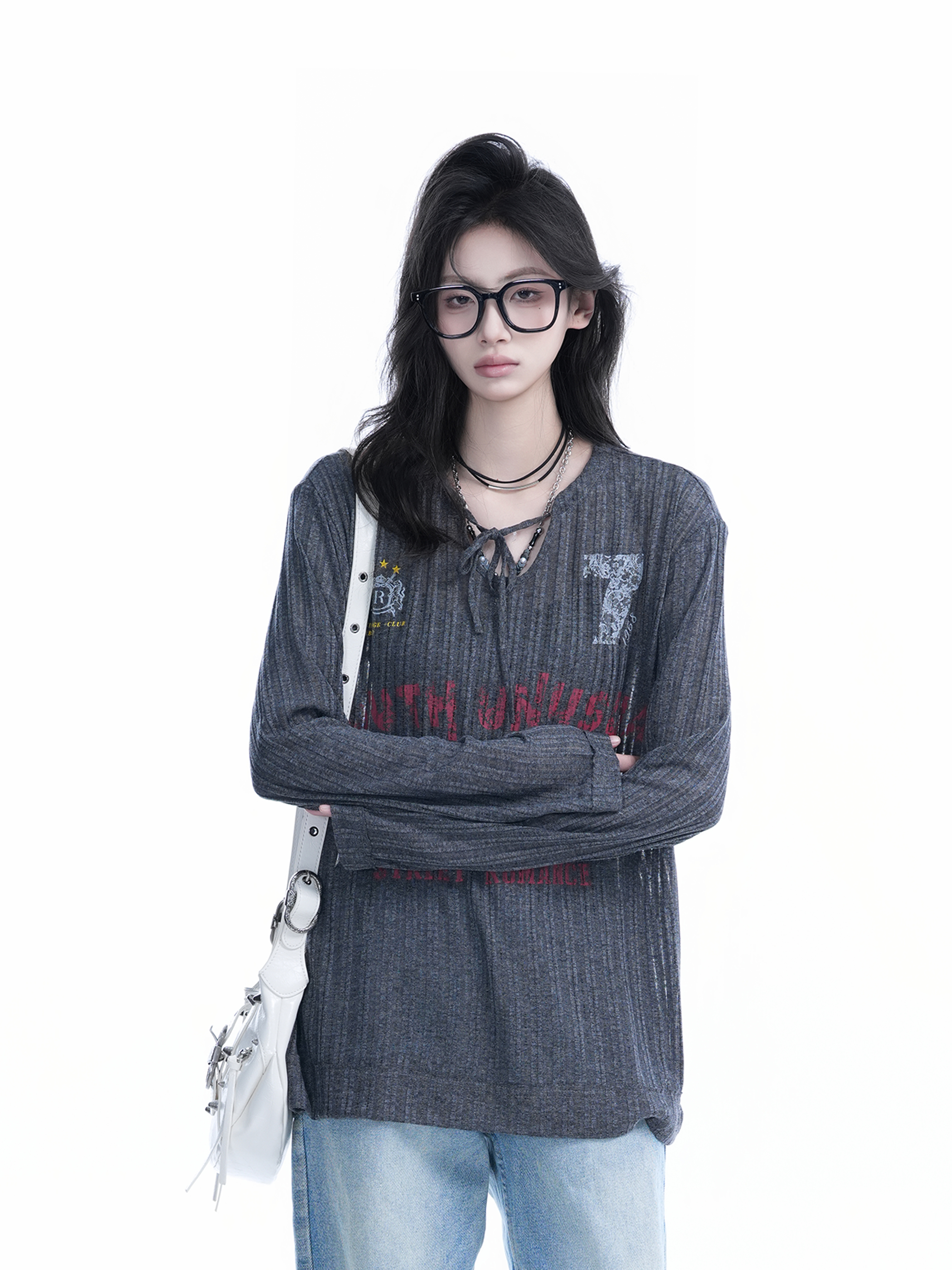 American Retro U-Neck Tie Long Sleeve T-Shirt for Women, Slightly Sheer Loose Fit, Vintage-Inspired Cover-Up Top