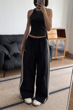 American Retro Wide-Leg Casual Pants for Women - Summer 2025 Loose Fit Side Stripe Quick-Dry Sports Trousers