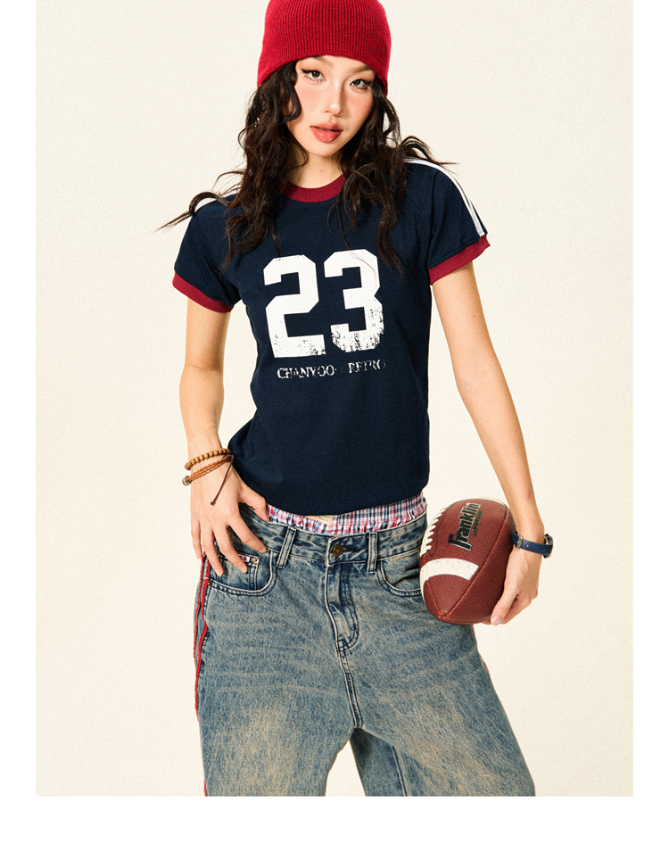 American Vintage Sorona Sports Short Sleeve T-Shirt for Women - Summer Slim Fit Raglan Crop Top, Casual 90s Style