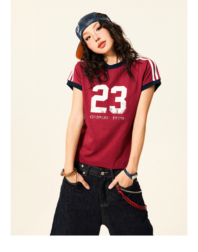 American Vintage Sorona Sports Short Sleeve T-Shirt for Women - Summer Slim Fit Raglan Crop Top, Casual 90s Style