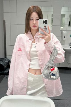 American Vintage Striped Long Sleeve Shirt with Dog Embroidery, Spring Style Loose Top, Casual 90s Inspired Jacket