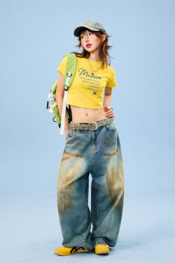 American Vintage Yellow Crop Top for Women, Short Sleeve Slim Fit T-Shirt, Summer Style, Retro 90s Vibe