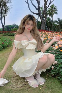 Apricot Diamond-Studded Bow Puffy Princess Dress - Fairy Birthday Dress, Date Dress, 90s Style Party Dress