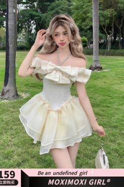 Apricot Diamond-Studded Bow Puffy Princess Dress - Fairy Birthday Dress, Date Dress, 90s Style Party Dress
