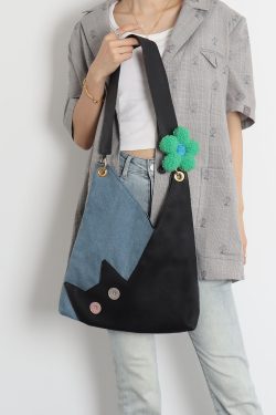 Artistic Color-Blocking Cat Plaid Denim Large-Capacity Shoulder Crossbody Bag - Cute Niche Style for Everyday Use