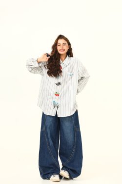 Artistic Embroidered Striped Long Sleeve Shirt for Women - Retro Loose Fit Blouse, Versatile Autumn Fashion