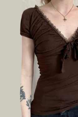 Artistic Vintage Brown Lace Trim Bow Women's Summer Retro V-Neck Slim T-Shirt - 90s Inspired Fashion