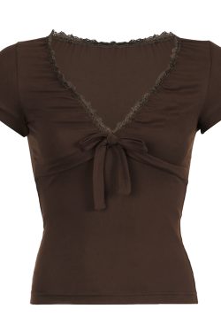 Artistic Vintage Brown Lace Trim Bow Women's Summer Retro V-Neck Slim T-Shirt - 90s Inspired Fashion