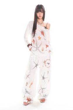 Asymmetrical Neck Starfish Print Long Sleeve Slim Fit Off-Shoulder T-Shirt - Sheer Summer Sun Protection Top for Women