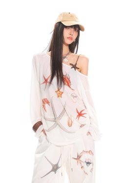 Asymmetrical Neck Starfish Print Long Sleeve Slim Fit Off-Shoulder T-Shirt - Sheer Summer Sun Protection Top for Women
