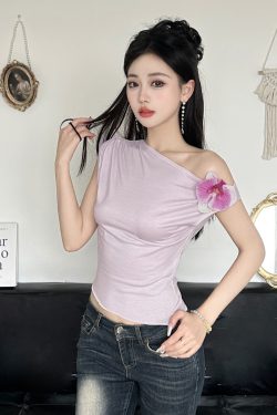 Asymmetrical Off-Shoulder 3D Flower Butterfly Orchid Top - Women's Summer Fresh Waist-Defining T-Shirt, Y2K Style