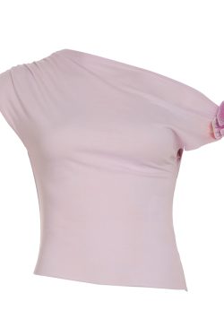 Asymmetrical Off-Shoulder 3D Flower Butterfly Orchid Top - Women's Summer Fresh Waist-Defining T-Shirt, Y2K Style