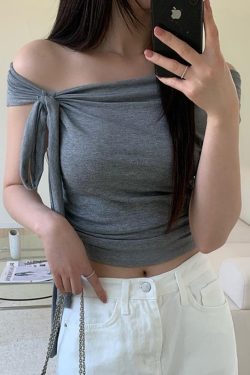 Asymmetrical Off-Shoulder Long Tie Ruffled Top for Women - Slimming Solid Color One-Shoulder T-Shirt - Trendy Y2K Fashion