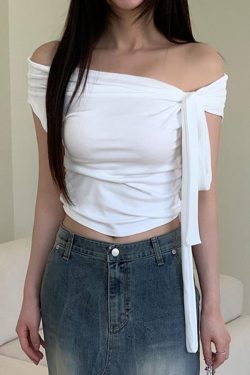 Asymmetrical Off-Shoulder Long Tie Ruffled Top for Women - Slimming Solid Color One-Shoulder T-Shirt - Trendy Y2K Fashion