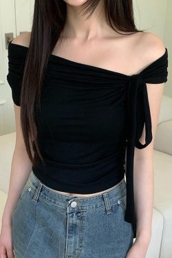Asymmetrical Off-Shoulder Long Tie Ruffled Top for Women - Slimming Solid Color One-Shoulder T-Shirt - Trendy Y2K Fashion