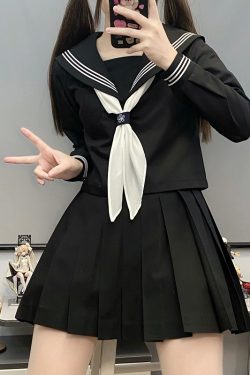 Authentic Black Indigo Three-Volume Unruly Sailor Suit Set - Camellia & Book JK Uniform, Basic Version, Korean Style Middle School Outfit
