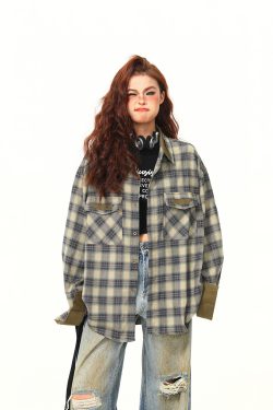 Autumn Plaid Color-Block Long Sleeve Shirt for Women - Retro Patchwork Loose Blouse in 90s Style