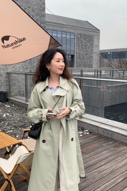 Bean Green Mid-Length Trench Coat for Women, Petite Sizes, 2024 Spring Autumn British Korean Style Fashion