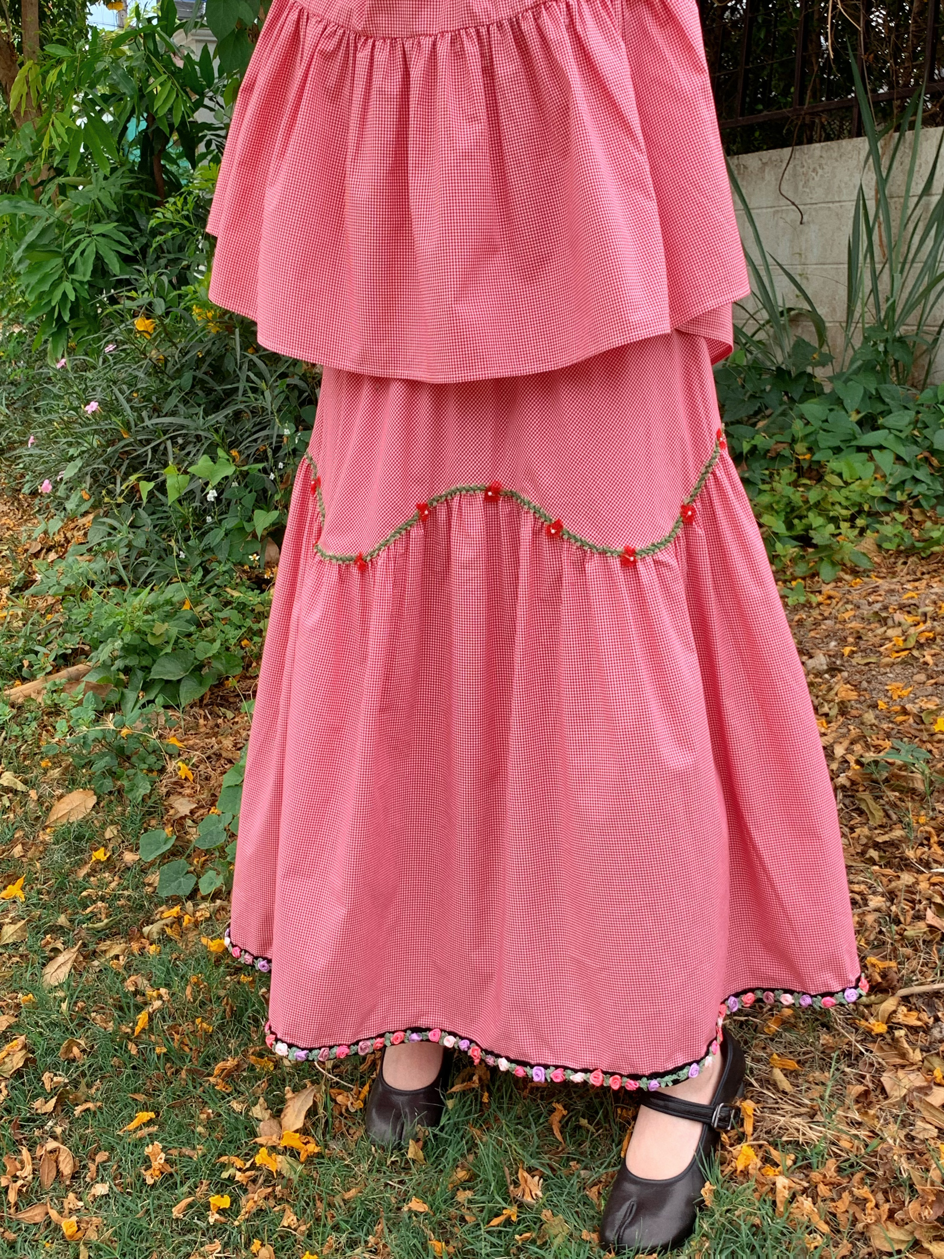 Berry Red Handmade Flower Vine Pavilion Shirt and Long A-Line Skirt Set for Women - Vintage Spring Floral Outfit