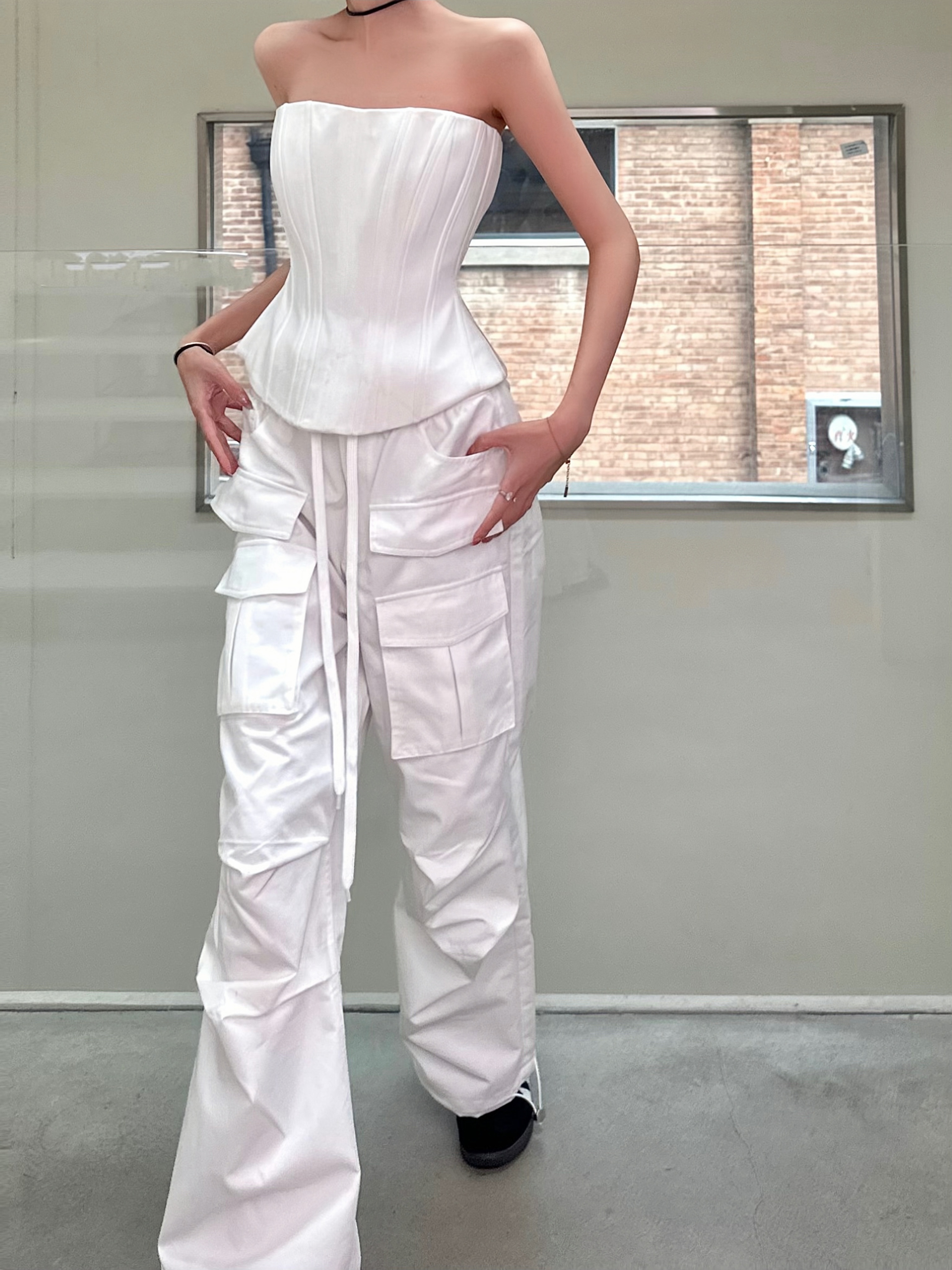 Black and White Fishbone Strapless Top with Waist-Cinching Design and Straight-Leg Parachute Pants for Cool Y2K Workwear Style