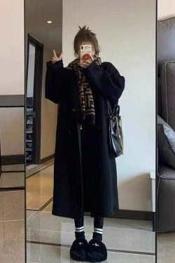 Black Reversible Cashmere Coat for Women - Mid-Length, High-End Korean Style Woolen Outerwear for Autumn & Winter, Perfect for Petites
