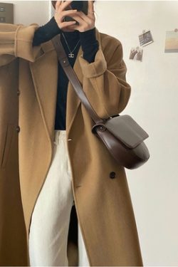 Black Reversible Cashmere Coat for Women - Mid-Length, High-End Korean Style Woolen Outerwear for Autumn & Winter, Perfect for Petites