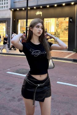 Black Rhinestone Shoulder T-Shirt for Women - Summer Retro Short Sleeve Cropped Top, Elastic Slim Fit, Y2K Style