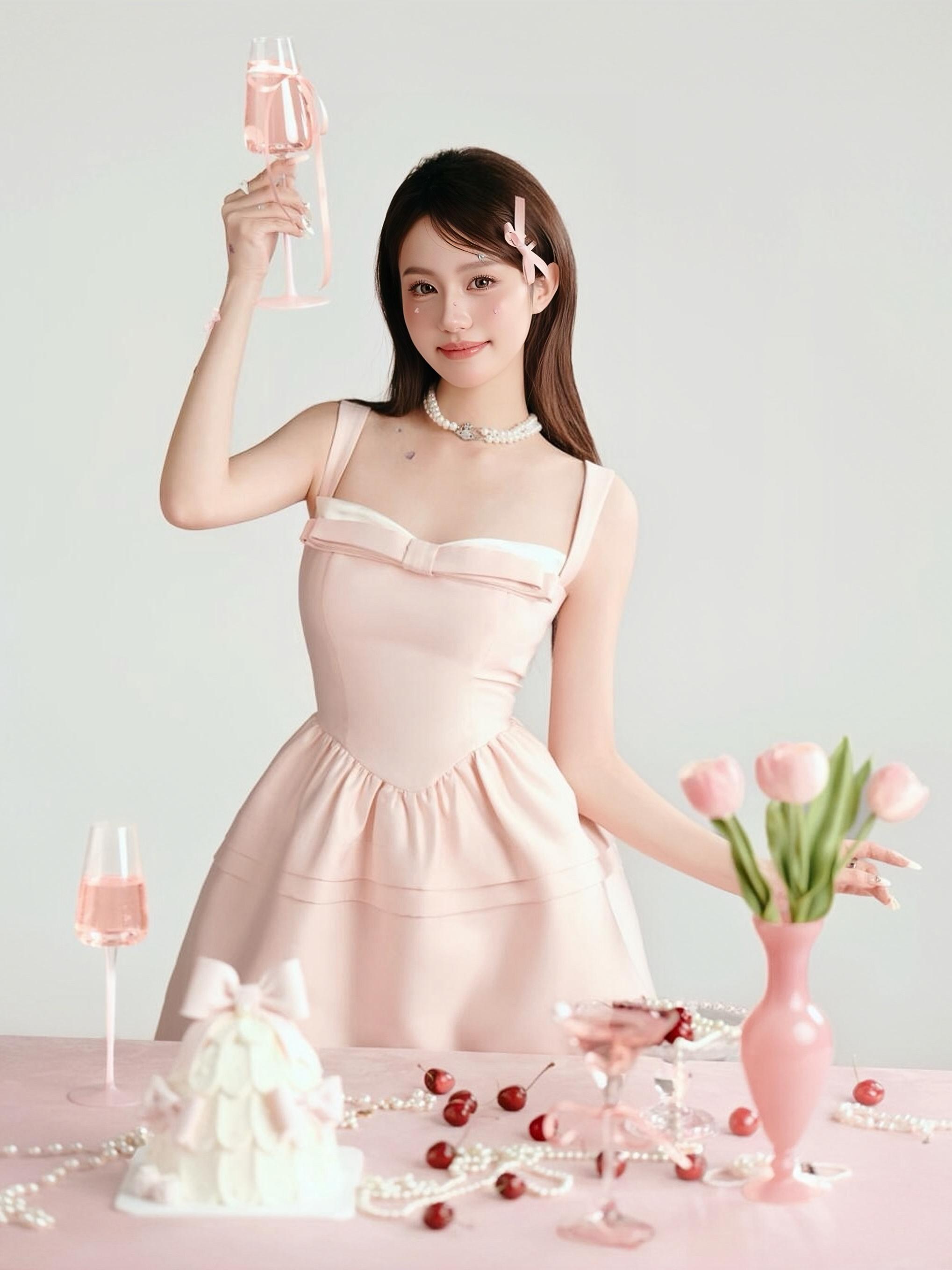 Black Spliced Imitation Silk Spaghetti Strap Dress with Pink Bow and Fan Meow Meow Design - Elegant Princess Style Dress