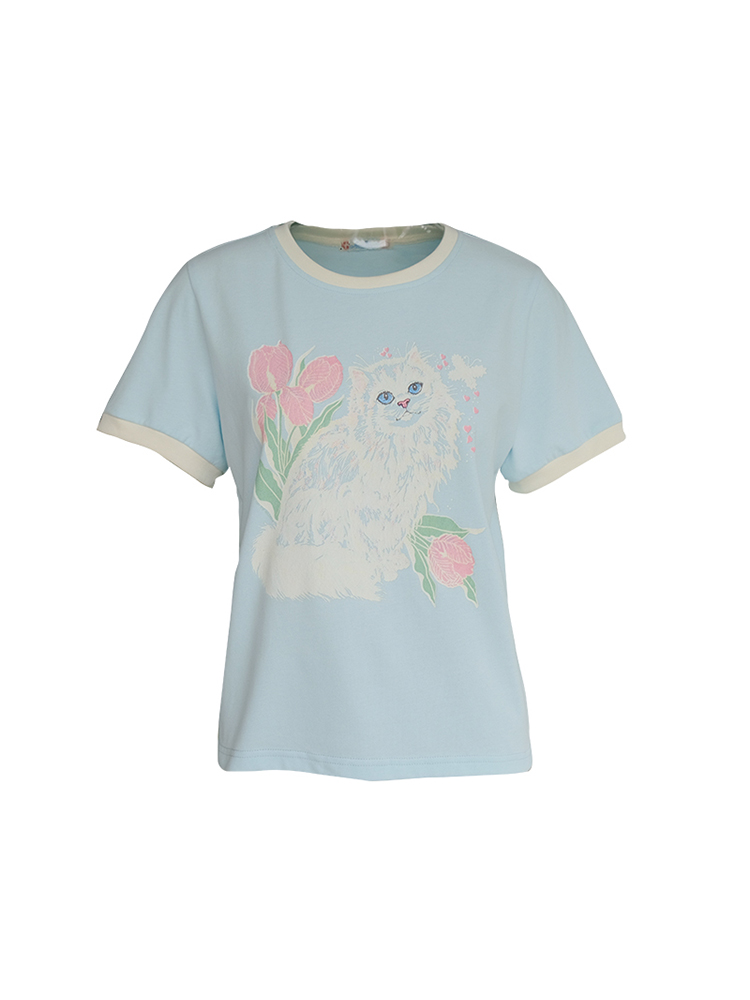 Blue Floral Printed Short Sleeve T-Shirt for Women - Vintage Loose Fit Retro Round Neck Top for Summer Fashion