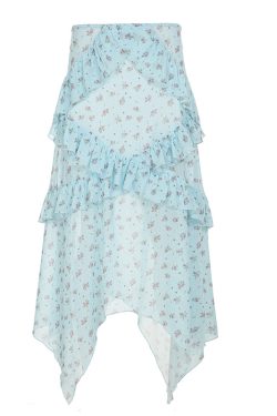 Blue Floral Ruffled Hem Midi Skirt for Women - Irregular Straight Draped Tulle in 90s Y2K Style