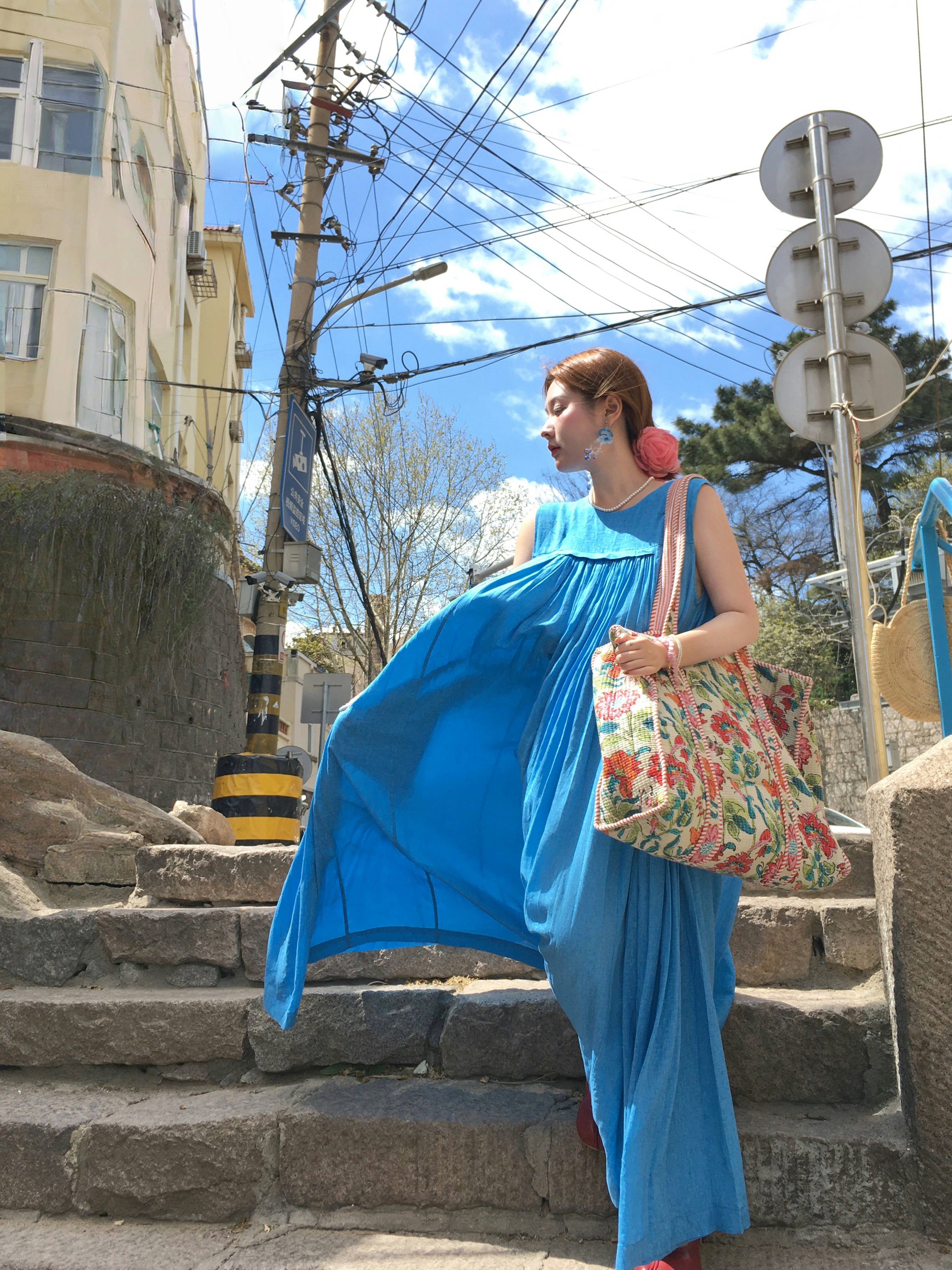 Blue Island Pink Makeup Retro Linen Vest Dress - Women's Summer Micro-Pleated A-Line Midi Dress, Vintage Style Fashion