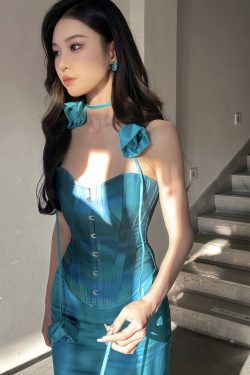 Blue Sea Legend Costume Set - Mother-of-Pearl Corset & Satin Mermaid Skirt - Fishbone Design - Y2K Inspired Fashion