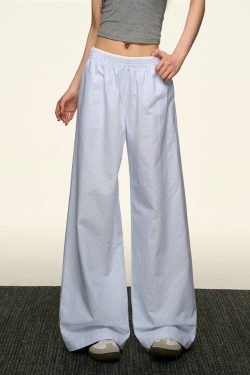 Blue Striped Wide-Leg Pants for Women - Casual Summer Retro Style, Loose Fit, Slimming American 90s Fashion