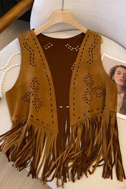 Bohemian Ethnic Diamond-Shaped Hollow-Out Tassel Vest for Travel, Xinjiang-Inspired Grassland Style Outfit
