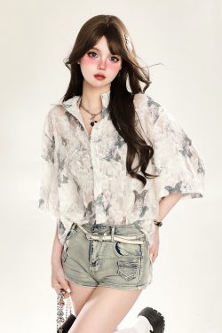 Butterfly Print Short Sleeve Shirt for Women - Summer Sun Protection Loose Cardigan Top