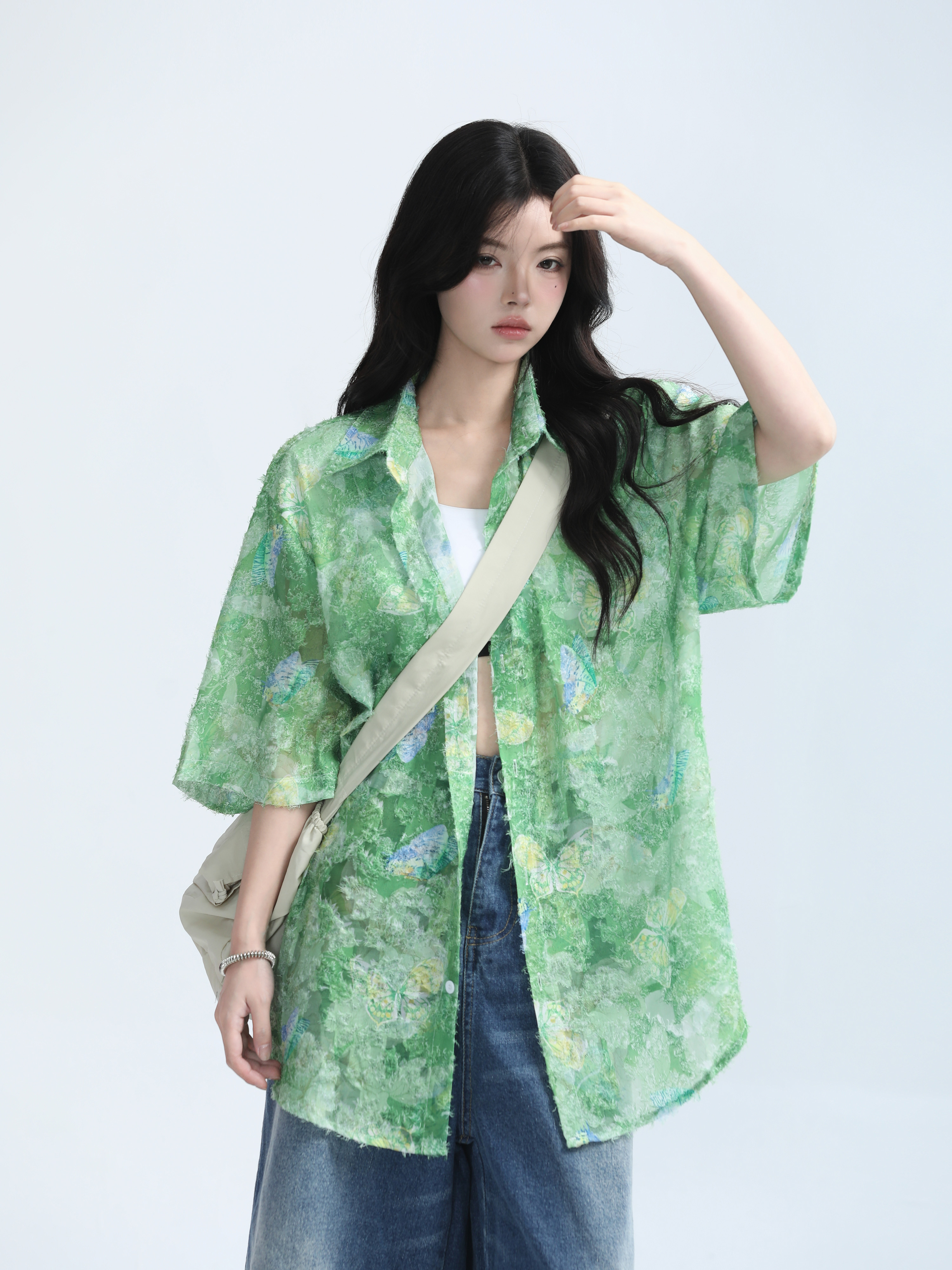 Butterfly Print Short Sleeve Shirt for Women, Lightweight & Sheer, Loose Fit, Summer Fashion, Sun Protection, Trendy Casual Top