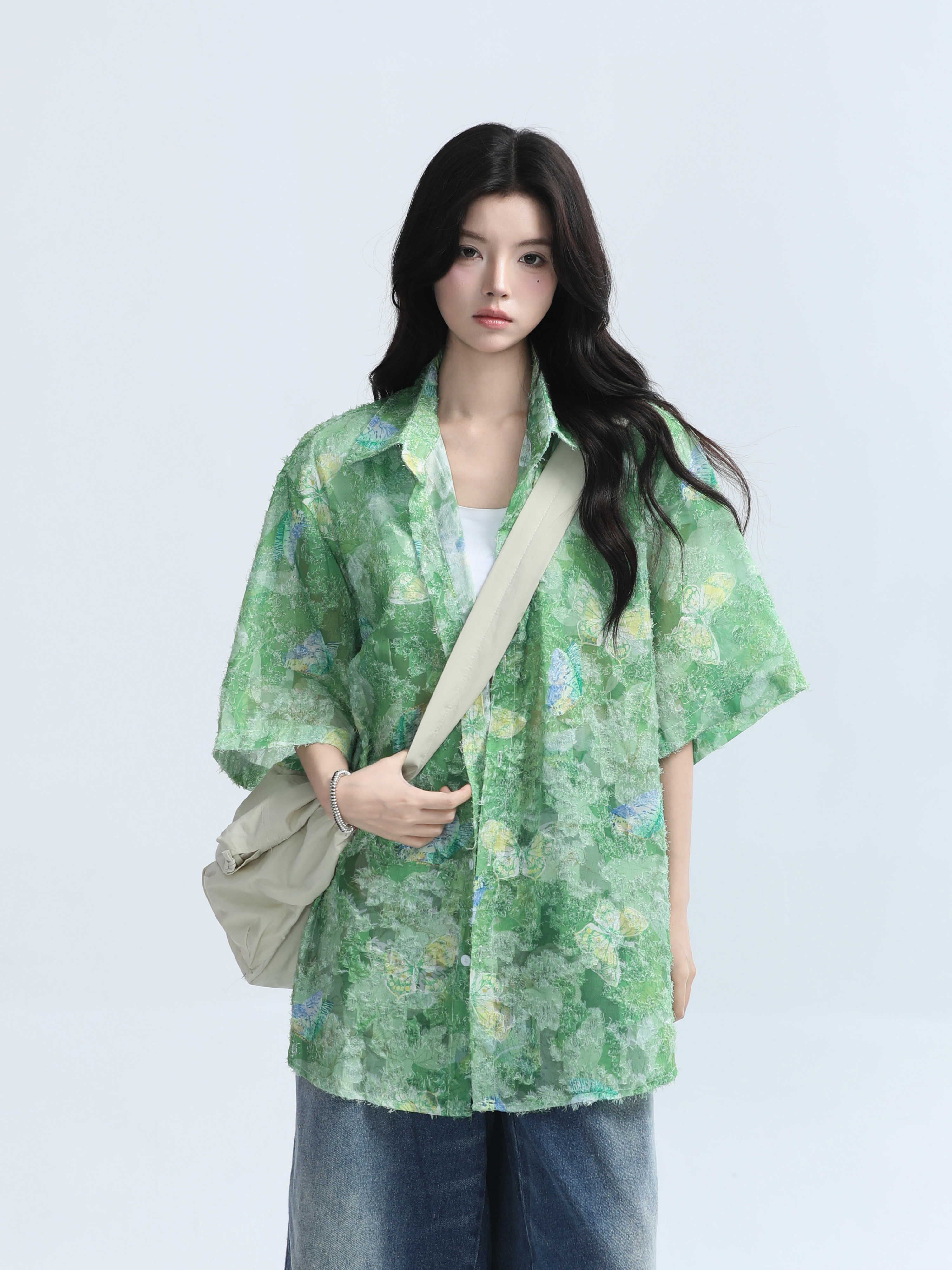 Butterfly Print Short Sleeve Shirt for Women, Lightweight & Sheer, Loose Fit, Summer Fashion, Sun Protection, Trendy Casual Top