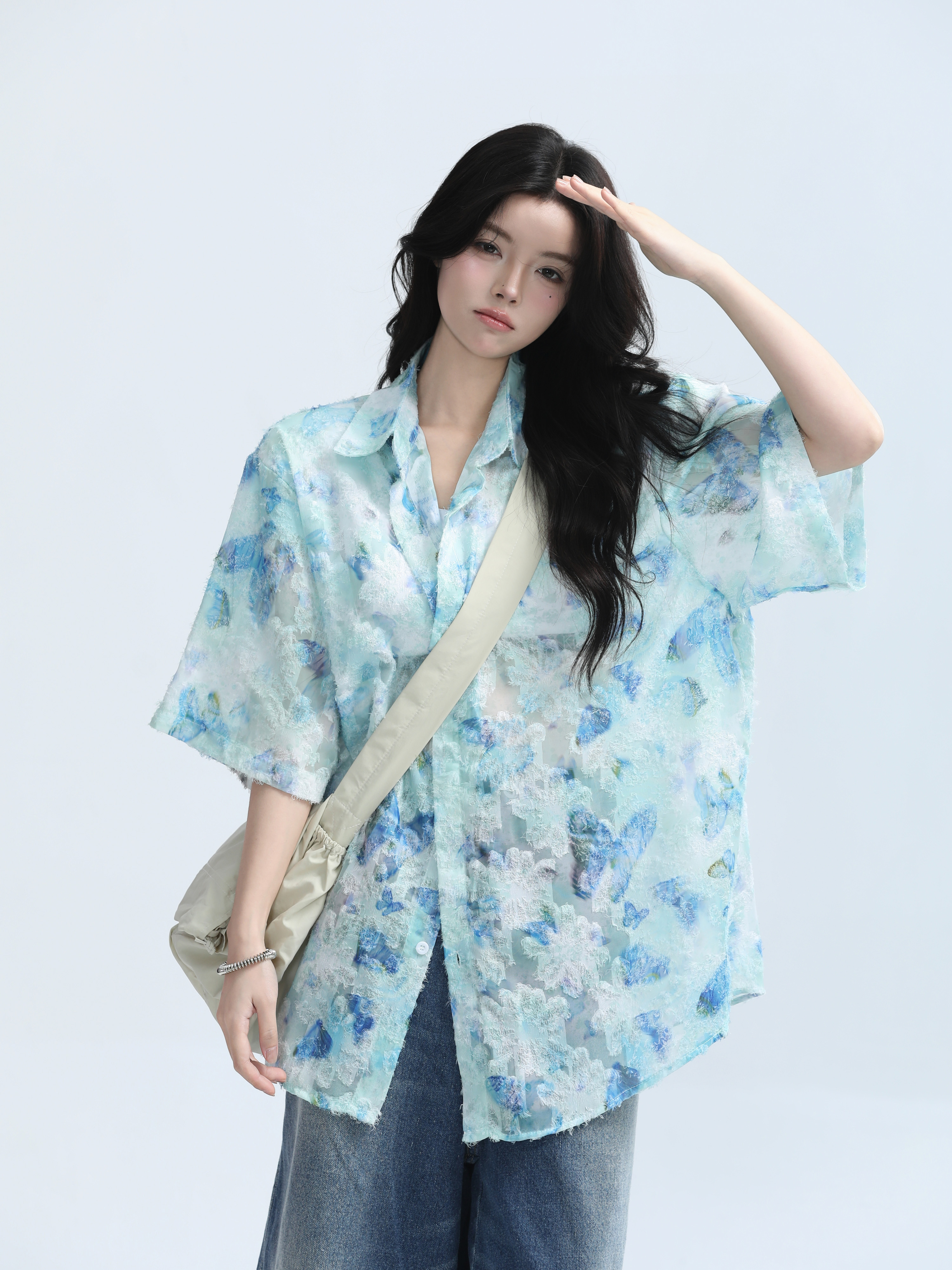 Butterfly Print Short Sleeve Shirt for Women, Lightweight & Sheer, Loose Fit, Summer Fashion, Sun Protection, Trendy Casual Top