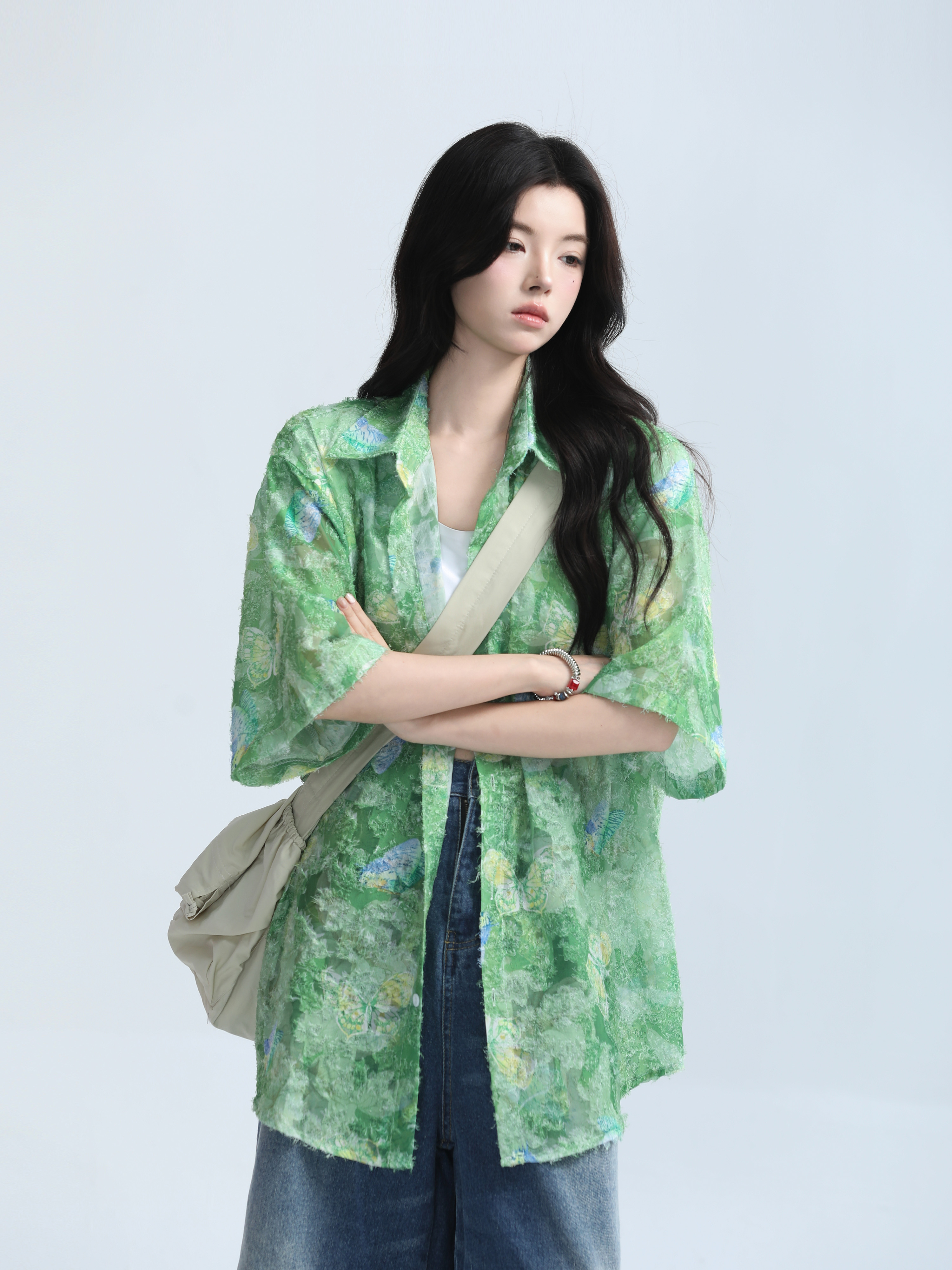 Butterfly Print Short Sleeve Shirt for Women, Lightweight & Sheer, Loose Fit, Summer Fashion, Sun Protection, Trendy Casual Top