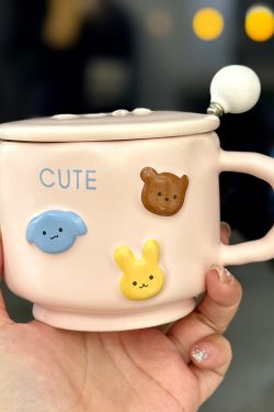 Charming Handcrafted Ceramic Animal Mug with Lid and Spoon - Cute Water Cup for Girls, Perfect for Breakfast and Milk