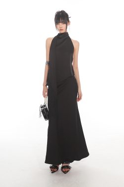 Chinese Style Dark Satin Halter Backless Vest and Mermaid Skirt Set - Slimming Elegant Outfit for Y2K and 90s Fashion