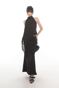 Chinese Style Dark Satin Halter Backless Vest and Mermaid Skirt Set - Slimming Elegant Outfit for Y2K and 90s Fashion